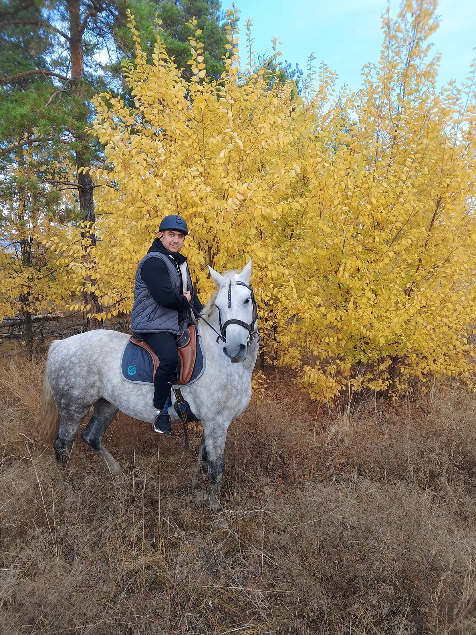 Всадник на белой лошади среди осенних деревьев